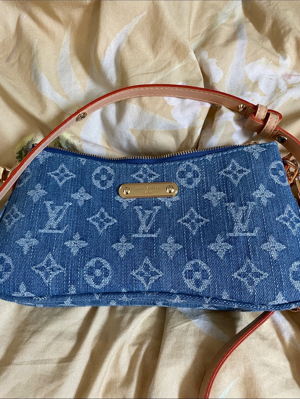 Unbranded Blue Denim Monogram Crossbody with Tan Strap and Gold Hardware